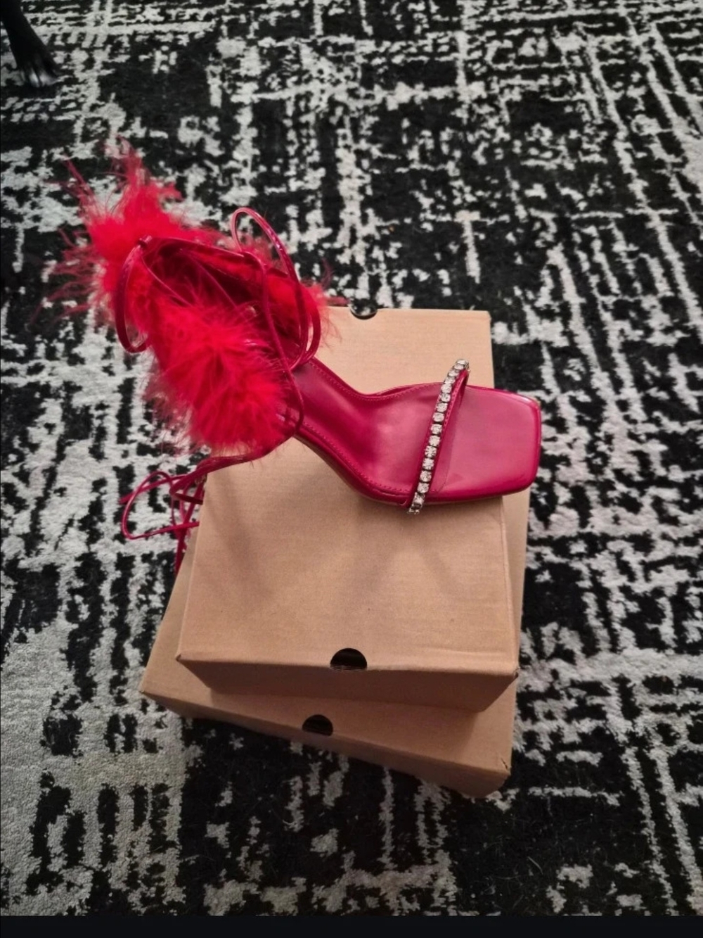 Women's Red Feather Rhinestone Strap Sandal Heel